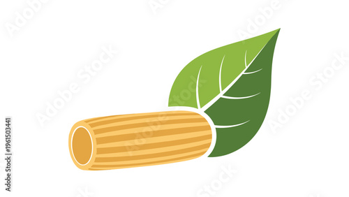 Single piece of golden penne pasta paired with a fresh green basil leaf, symbolizing healthy italian cuisine and high quality ingredients.