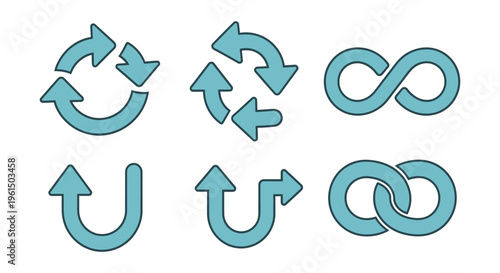 Collection of six infinity loop and recycling arrows in various orientations and styles