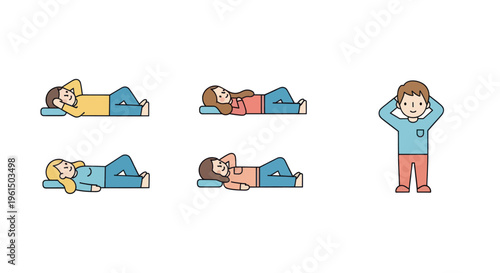 Set of cartoon people relaxing in different lying and standing poses with pillows, peaceful and calm characters for rest or leisure illustration