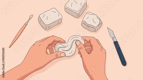 Artist uses their hands to carefully mold and shape a piece of soft gray clay while various sculpting tools and extra material sit on the table.