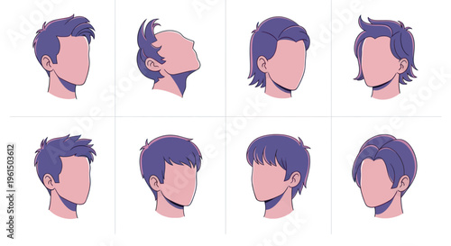 Set of eight faceless male avatars with various modern hairstyles, ideal for game design, social media profiles, and digital character creation