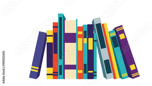 Organized row of colorful books with different spine designs stands vertically against a white background representing a small personal library.
