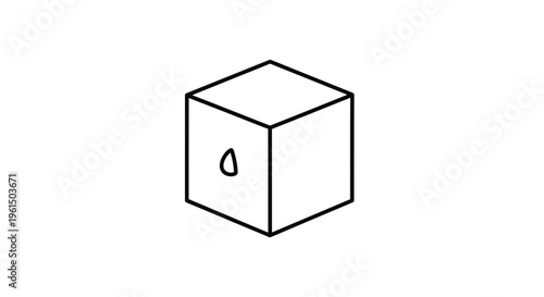 Minimalist black outline cube with a single tear or water drop graphic illustration on a pure