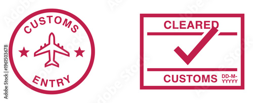 Customs entry and cleared stamps with airplane icon and checkmark symbol for international shipping