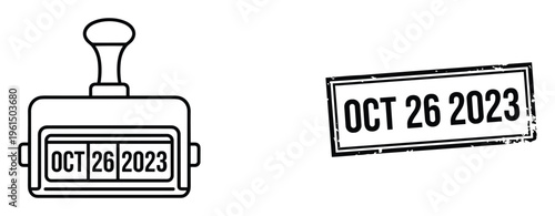 Date stamp tool and a grunge rubber stamp with October 26 2023 date on transparent background