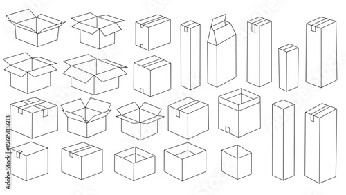 Extensive set of thin line cardboard box illustrations shows packages in various states including open, closed, tall, and wide configurations.