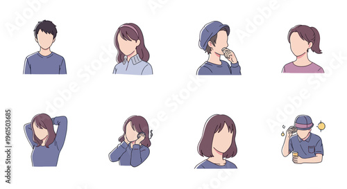 Set of faceless young people avatars with different poses and casual clothing, suitable for social media profiles and user icons