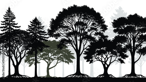 Forest landscape is depicted through multiple layers of tree silhouettes in various shades of gray and black creating depth and atmosphere.