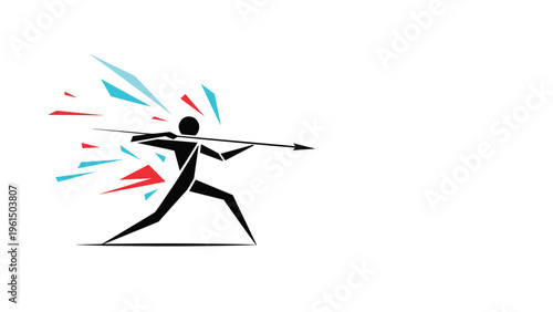 Dynamic black silhouette of an athlete throwing a javelin is surrounded by colorful geometric shards representing speed and raw energy.