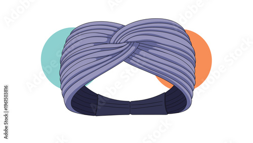 Stylish purple knotted headband made of ribbed fabric is presented against a background with soft teal and orange circles for decoration.