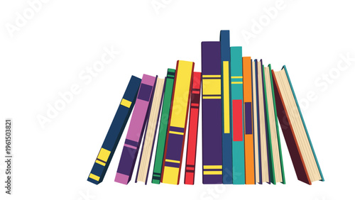 Colorful row of books with various spine widths and heights is shown leaning to one side as if resting on a bookshelf in a home library.