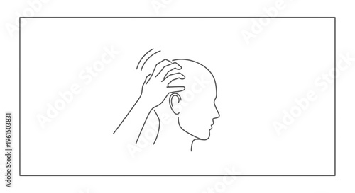 Minimalist line art portraying a human hand gently scratching the scalp of a profile head