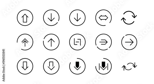 Collection of 14 black and white circular arrow icons for navigation and direction
