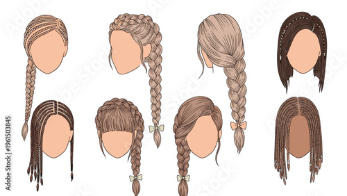 Collection of eight different braided hairstyle illustrations for girls shows various patterns including fishtails, cornrows, and buns.