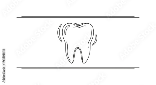 Stylized monochrome continuous line illustration of an isolated tooth displaying discomfort