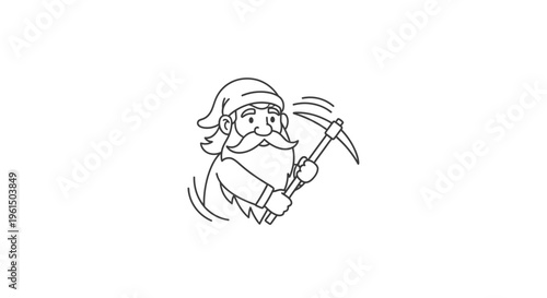 Vigorous outline depiction of a diligent bearded character wielding a pickaxe, illustrating