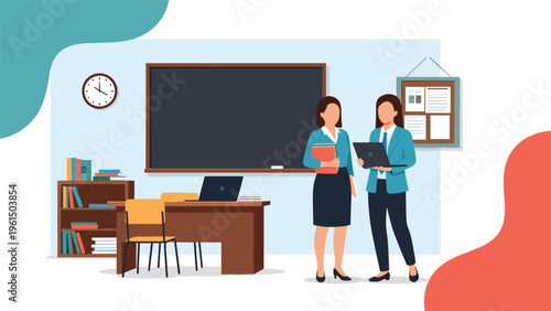 Female teachers discussing lesson plans in a modern school classroom with blackboard, bookshelves, and student desks.