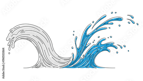 Dynamic ocean wave splash illustration with blue water and white foam isolated on a clean white background for design projects.