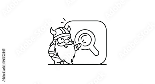 Charming dwarf character with horned helmet presenting a vibrant search icon for digital discovery