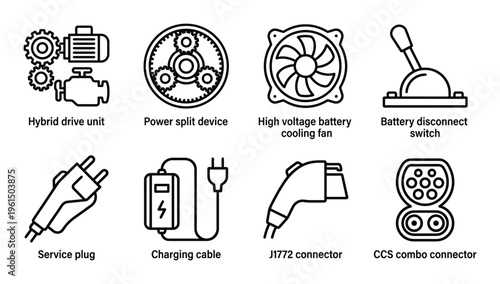 Electric vehicle charging and power system components including hybrid drive unit battery disconnect switch and charging cable connector