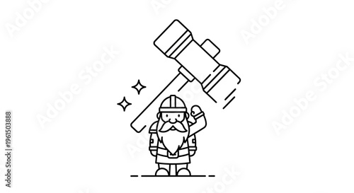 A cheerful cartoon dwarf character holding a mighty hammer with stars of triumph and power