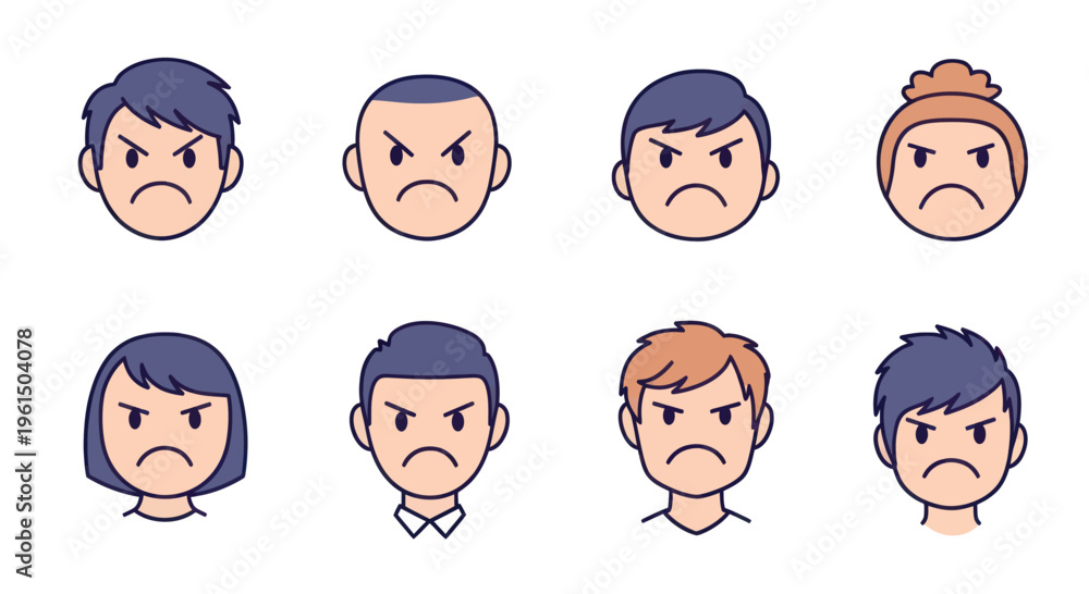 Fototapeta premium Set of diverse angry cartoon avatars with frustrated facial expressions, isolated on white background, perfect for emotions or social media projects