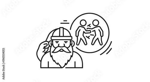 Bearded worker in hard hat observing or contemplating a dispute between two individuals