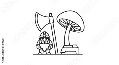 Charming line art of a stout fantasy miner with an axe and a whimsical mushroom icon, perfect for