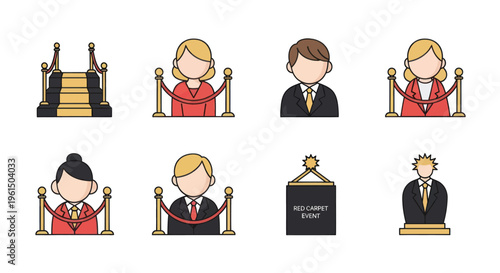 Red carpet event icons with VIP barriers, celebrities, staircase, and event signage illustration for entertainment and celebration design