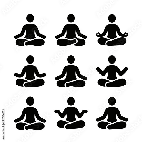 Silhouette of Nine People Practicing Meditation in Different Postures.