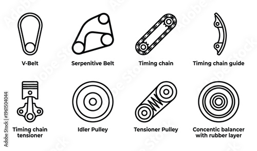 Engine timing system and drive belt components outline icons with labels for automotive maintenance