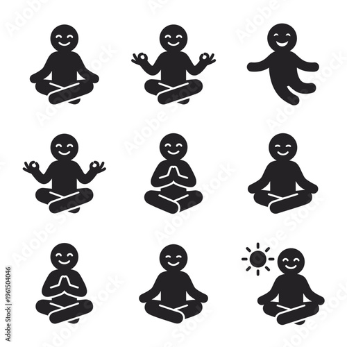 Collection of Smiling Meditation and Yoga Icons in Black and White.
