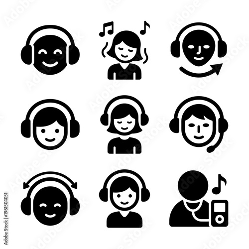 Collection of Diverse People Listening to Music with Headphones.
