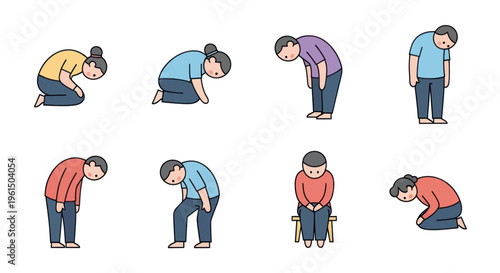 Set of cartoon people showing tired and exhausted poses, simple flat style illustrations ideal for health, fatigue, and wellness content
