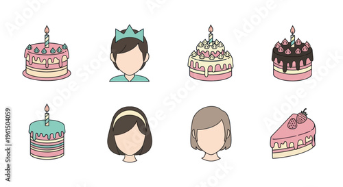 Set of birthday cakes with candles and female avatars without facial features, party illustrations perfect for celebration designs