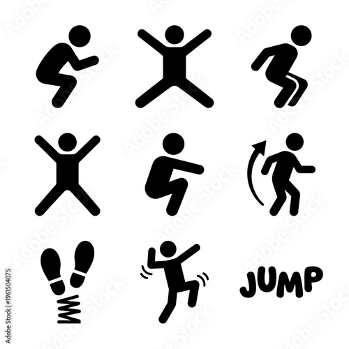 Collection of Dynamic Jumping and Squatting Silhouette Icons.