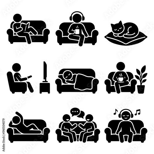 Collection of People Relaxing and Engaging in Leisure Activities at Home.
