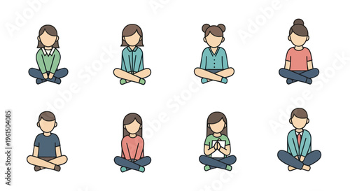 Set of diverse cartoon people sitting cross-legged in relaxed poses, simple flat style illustrations for meditation, mindfulness, or casual concepts