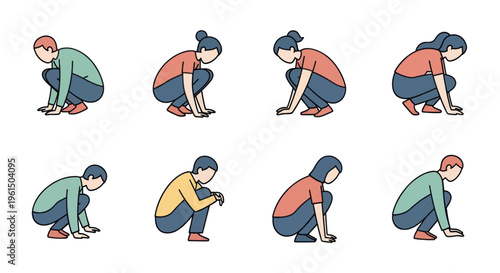 Set of diverse people in squatting poses with flat design style, perfect for health, exercise, and ergonomics concepts