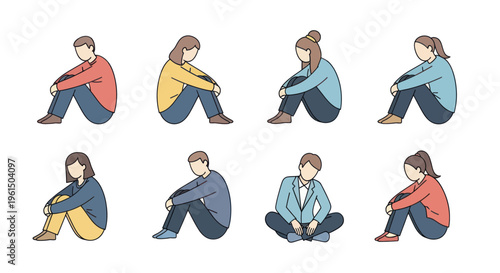 Set of diverse sad or depressed people sitting in thoughtful and withdrawn poses, mental health and emotional distress concept illustration for awareness or support