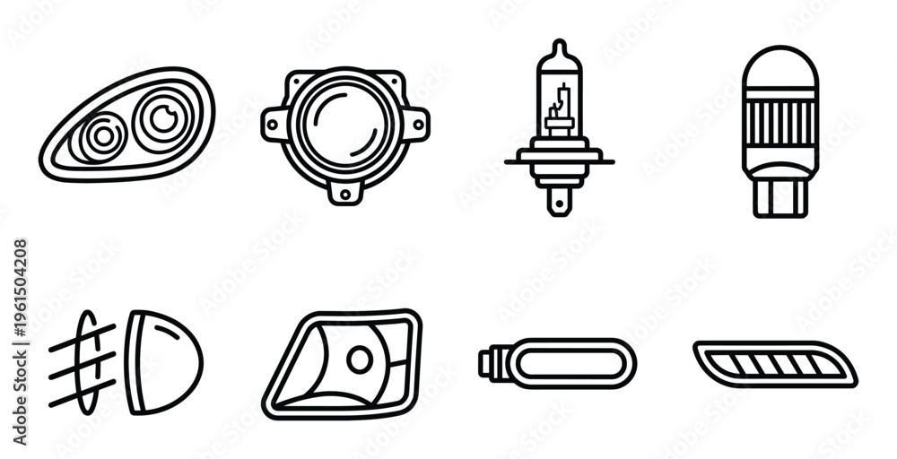 Fototapeta premium Headlight and fog lamp line icons collection showing halogen bulbs lenses and car lighting systems