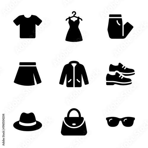 Collection of Fashion Accessories and Clothing Icons in Black Silhouette Style.