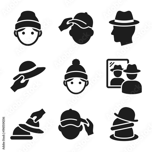 Collection of Black and White Hat and Headwear Icons for Fashion and Accessories Design.