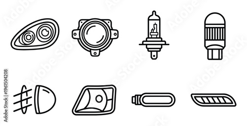 Headlight and fog lamp line icons collection showing halogen bulbs lenses and car lighting systems