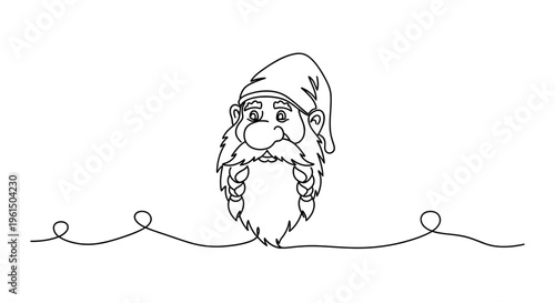Whimsical continuous line art illustration of a joyful gnome with a long braided beard and festive