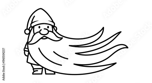 A whimsical line art illustration of a cheerful gnome character with a magnificently long, flowing