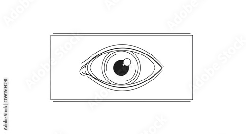 Minimalist black and white outline drawing of a human eye with a prominent pupil representing