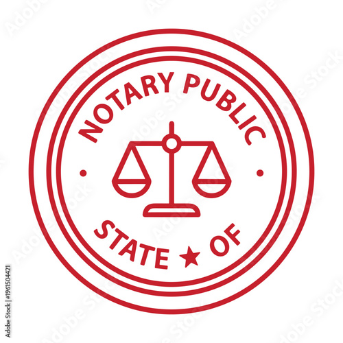 Notary public state of stamp in red. Official legal document seal with scales of justice.