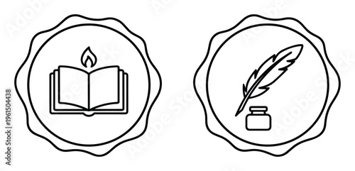 Open book with flame and feather with inkwell stamps on transparent background education and writing icons