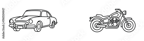 Outline icons of vintage car and motorcycle with wheels for transportation and vehicle concepts.